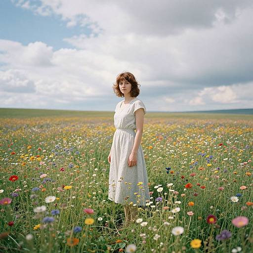 Photograph of a curly-haired woman in a white dress standing in a vibrant, colorful wildflower field under a bright blue sky with scattered clouds.