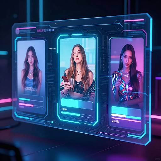 Photograph of a neon-lit digital interface with three portrait frames, showing three young women with long hair, wearing stylish clothes, holding phones, with