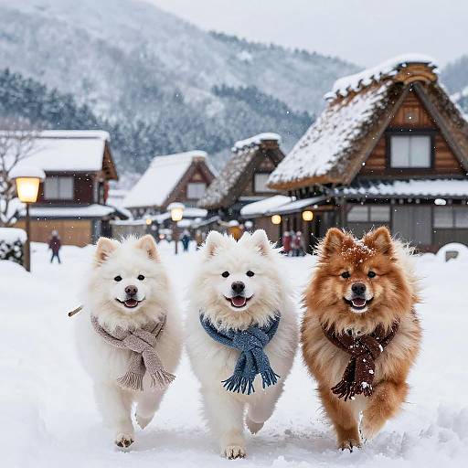Three fluffy, snow-covered dogs wearing scarves run happily through a snowy village with wooden houses and mountains in the background.