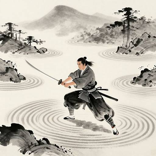 Energetic samurai with black hair and ponytail, wielding a sword, mid-leap over ripples in a black-and-white ink-style landscape
