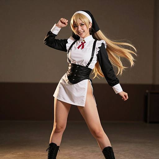 Blonde anime-style woman in revealing black and white maid outfit with red ribbon, black boots, and black headscarf, posing confidently in dimly