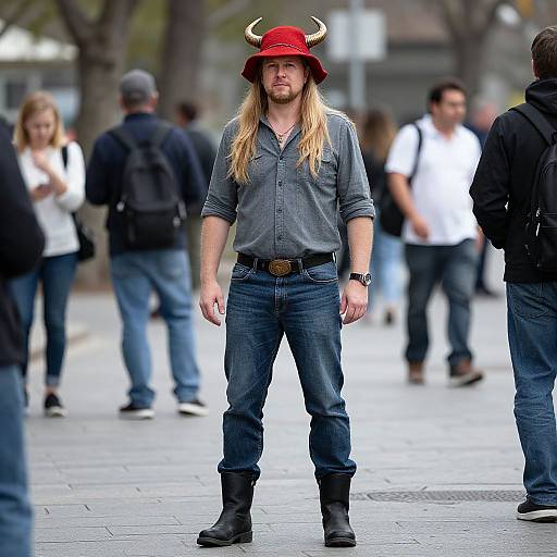 Man with Horned Red Hat on Street