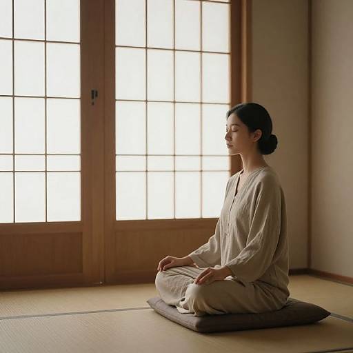 Photograph of a calm Asian woman with black hair in a bun, sitting cross-legged in a traditional Japanese room, meditating in beige robes, illuminated