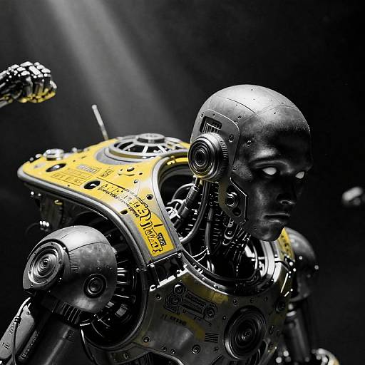 Photorealistic CGI of a futuristic, black metallic humanoid robot with yellow, circuitry-laden shoulders and glowing white eyes, set against a dark background