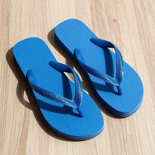 Photograph of bright blue textured flip-flops with dark blue straps, placed on a sunlit wooden surface, casting soft shadows.