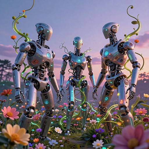 Digital art of three glowing, metallic robots with vines, standing in a colorful, flower-filled meadow at sunset, creating a fantastical, sci-fi