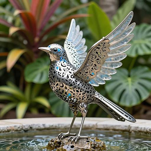 Metallic Bird Sculpture in Fountain