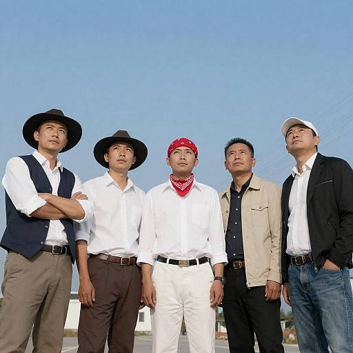 Five Men Posing Outdoors Under Blue Sky