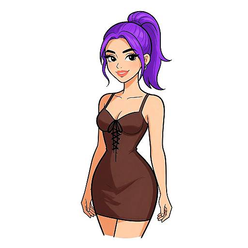 Digital anime-style drawing of a fair-skinned woman with purple ponytail, wearing a black, lace-up, form-fitting dress, smiling confidently.
