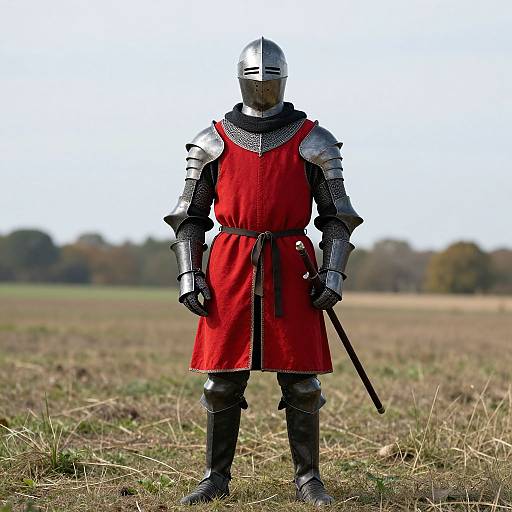 Photograph of a medieval knight in silver armor and red tunic, standing in a grassy field with trees in the background.