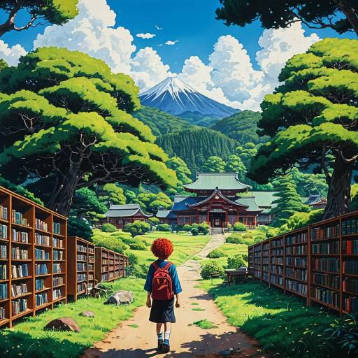 Girl Walking Toward Temple with Bookshelves