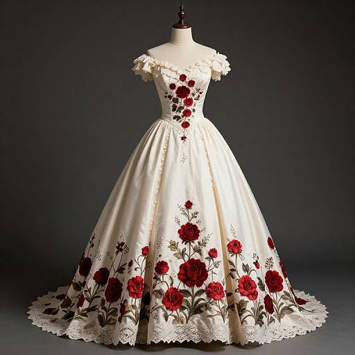 Photograph of an elegant, off-the-shoulder, white satin ball gown adorned with red floral embroidery, lace trim, and a dark gray background