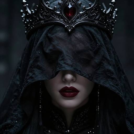 Photograph-style digital art of a mysterious woman with dark red lips, black lace veil, and ornate silver crown, partially obscuring her face in