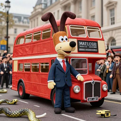 Photograph of a cartoon dog in a blue suit standing in front of a red double-decker bus labeled 