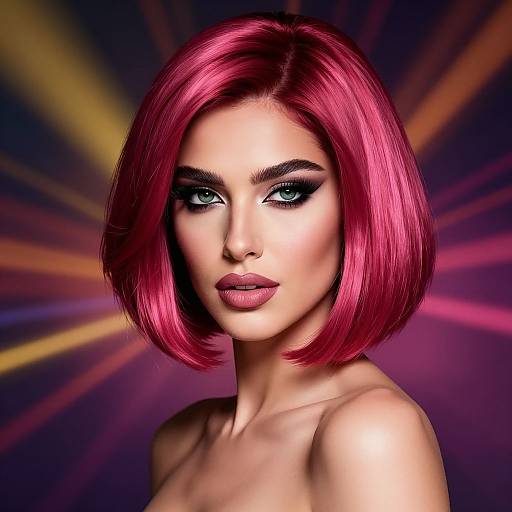 Photograph-style digital artwork of a woman with vibrant pink bob haircut, striking blue eyes, bold black eyeliner, and pink lipstick, against a radiant