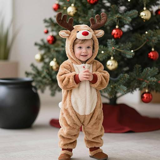Toddler in Reindeer Onesie by Christmas Tree