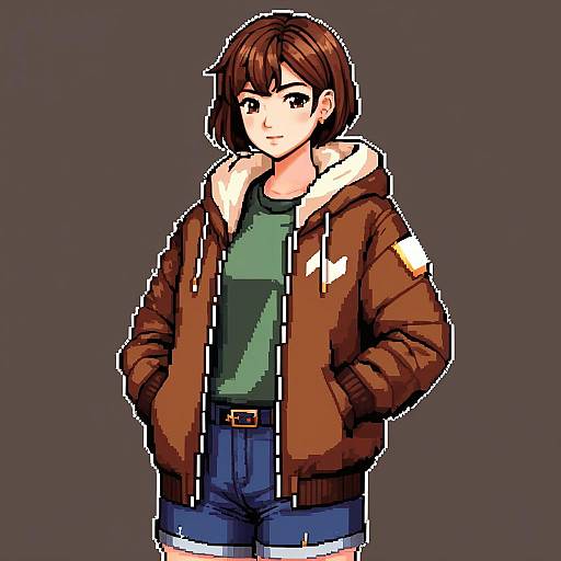 Digital anime-style drawing of a brown-haired girl with green eyes, wearing a brown jacket with white fur, green shirt, and blue shorts, hands in