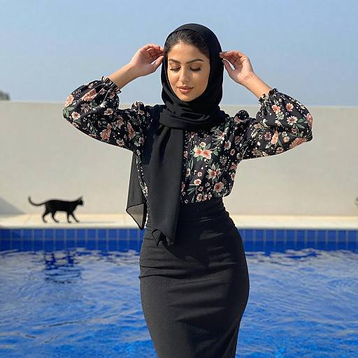 Woman in Black Hijab by Blue Pool