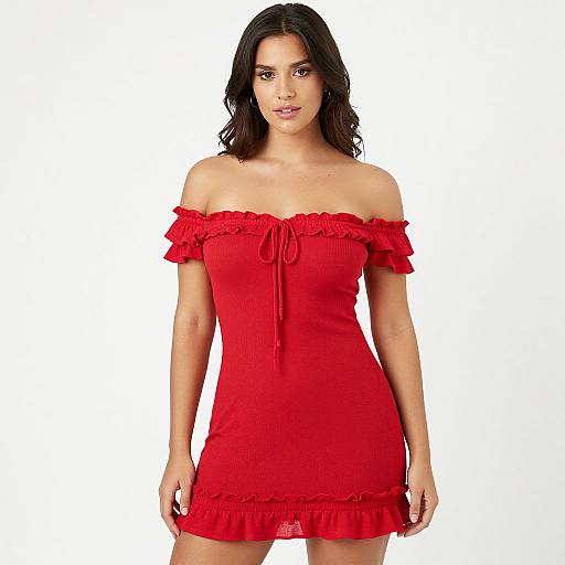 Photograph of a woman with long black hair wearing an off-shoulder, red, ruffled mini dress with a tie at the neckline. White