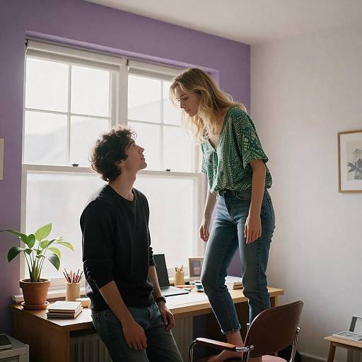 Sunlit Intimate Moment in Purple Room