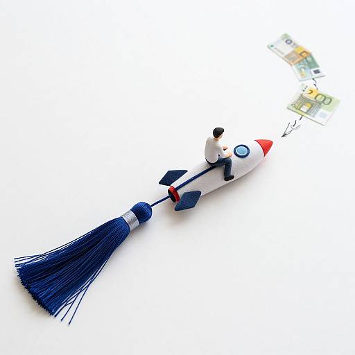 Photograph of a whimsical, white rocket toy with blue accents, red nose, and blue bristle brush tail, floating against a white background with