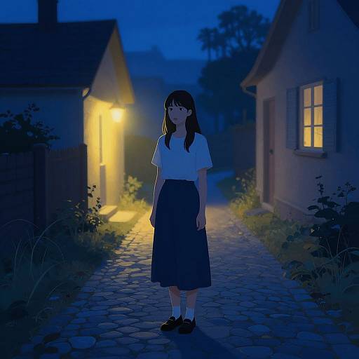 Enchanted Dusk Woman on Cobblestones