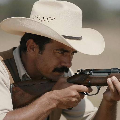 Gritty Cowboy Aiming Rifle Close-Up