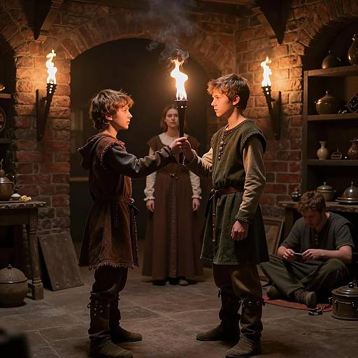 Medieval Boys Holding Torch in Dim Room