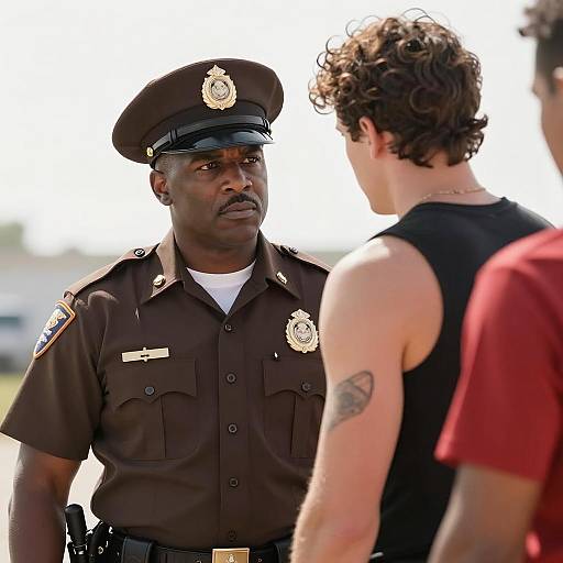 Police Officer Talking to Young Men Outdoors