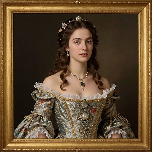 Photorealistic painting of a young woman with fair skin, dark curly hair, wearing an ornate, off-shoulder, green Renaissance gown,
