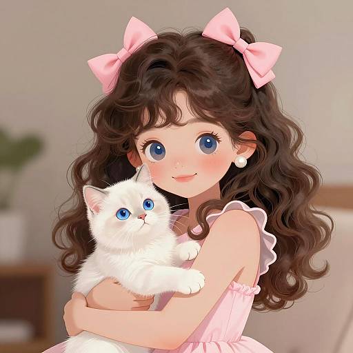 Charming Girl with Kitten Illustration