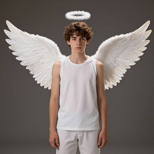 Photograph of a young man with curly brown hair, wearing a white tank top and pants, with white angel wings and a glowing halo against a dark