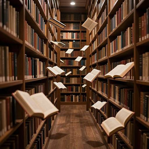 Photograph of a library aisle with floating, open books, surrounded by dark wooden bookshelves filled with colorful books. Warm, recessed lighting illumin