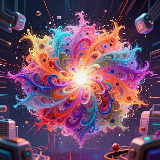 Vibrant digital art of a swirling, colorful, fiery explosion resembling a peacock feather, set against a dark, futuristic tech background with glowing circuit