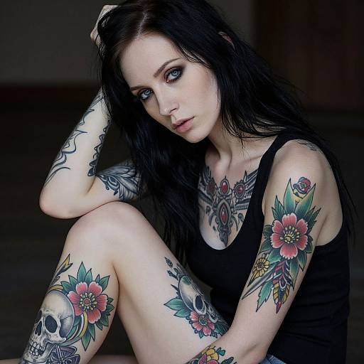 Photograph of a pale-skinned, dark-haired woman with blue eyes, wearing a black tank top, showcasing vibrant tattoos of flowers and skulls on her