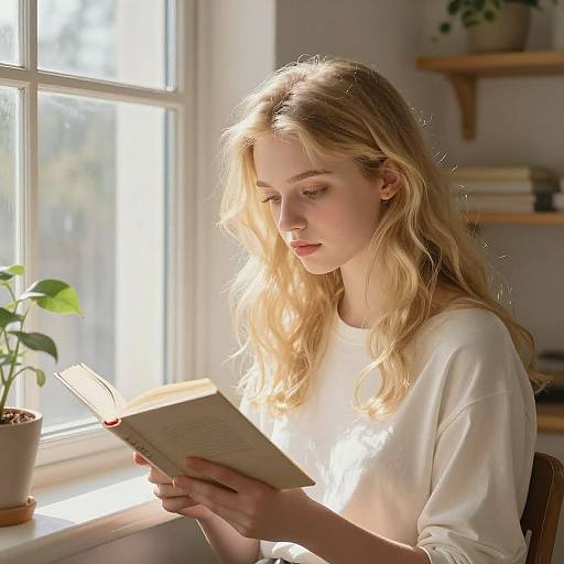 Photograph of a blonde woman with wavy hair, wearing a white sweater, reading a book by sunlight streaming through a window. Potted plant and