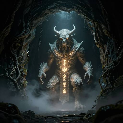 Digital art: A glowing, horned, armored monster with glowing runes and claws emerges from a dark, misty cave entrance.