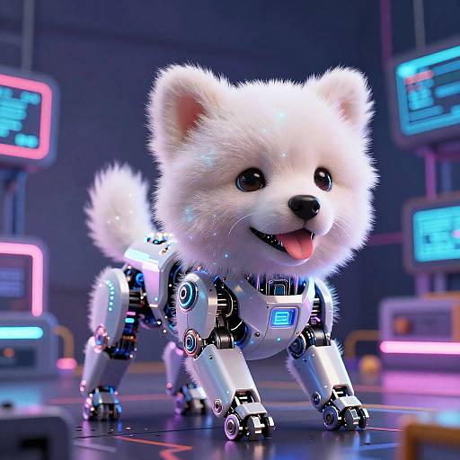 CGI image of a fluffy white robotic puppy with glowing blue joints and a joyful expression, standing in a futuristic lab with neon screens.