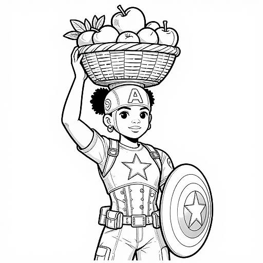 Black-and-white line drawing of a young, armored character with a star emblem, holding a basket of apples and a shield, smiling confidently.