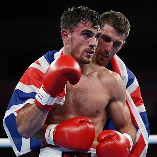 Boxer with British Flag and Trainer Embrace