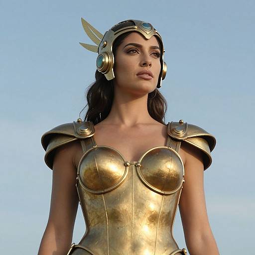 Photograph of a woman with long dark hair, wearing golden armor with winged helmet, set against a clear blue sky.