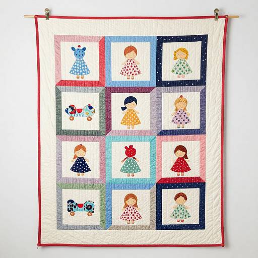 Quilted children's fabric art featuring nine colorful, patterned squares with cartoon kids, hanging on a wall with wooden clips.