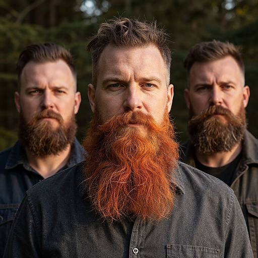Photograph of three bearded Caucasian men with dark hair, wearing black shirts, standing outdoors with a blurred forest background. Central man has striking red beard