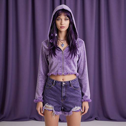 Photograph of a young woman with long black hair, wearing a lavender hooded crop top and frayed denim shorts, standing against purple curtains.