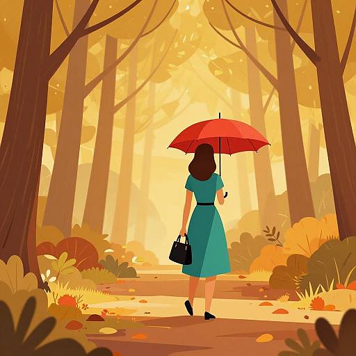 Digital illustration of a woman in a turquoise dress and black shoes, holding a red umbrella, walking down a sunlit autumn forest path, surrounded by yellow