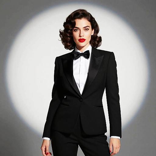 Photograph of a confident woman with dark, wavy hair, wearing a black tuxedo with a bow tie, white shirt, and red lipstick