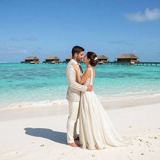 Photograph of a bearded groom in white suit and a bride in white dress, kissing on a tropical beach with turquoise water and overwater huts