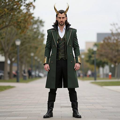 Photograph of a bearded man in a dark green coat, white shirt, black pants, and horned headpiece standing on a paved path in
