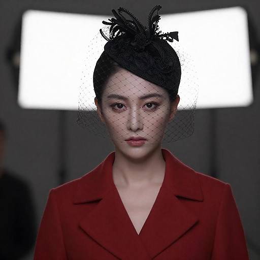 Woman in Veiled Hat and Red Coat