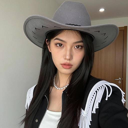 Young Woman Wearing Grey Cowboy Hat and Black Jacket